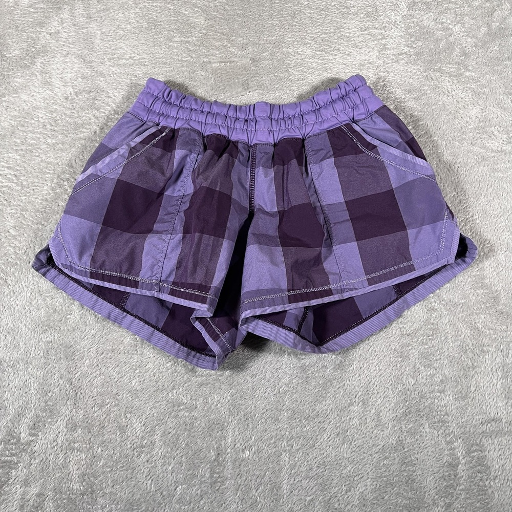 Lululemon Speed Shorts Womens 4 Purple Plaid Running‎ Elastic Waist Athletic
